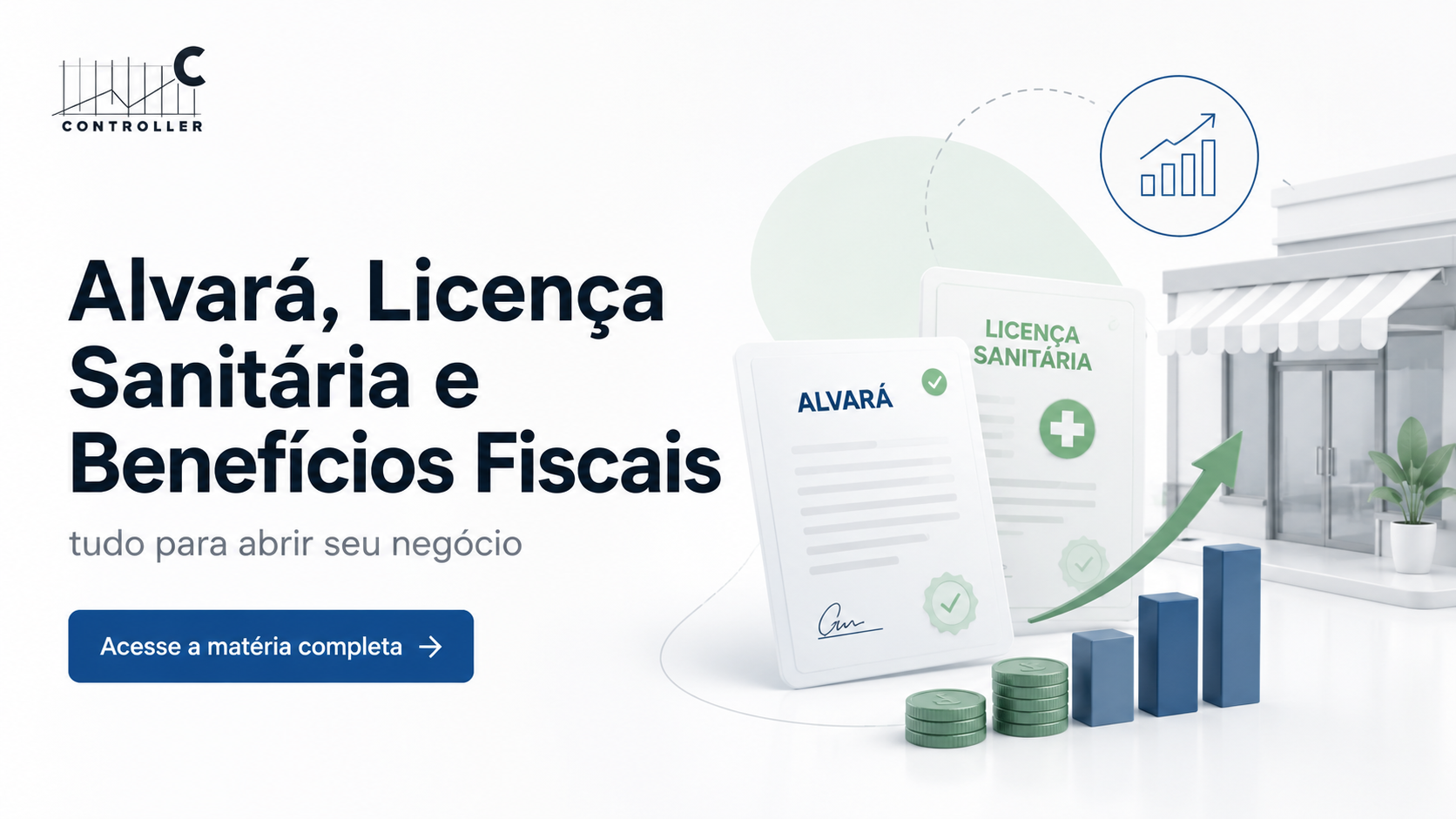 Empreendedor analisando alvará, licença sanitária e documentos fiscais em escritório 