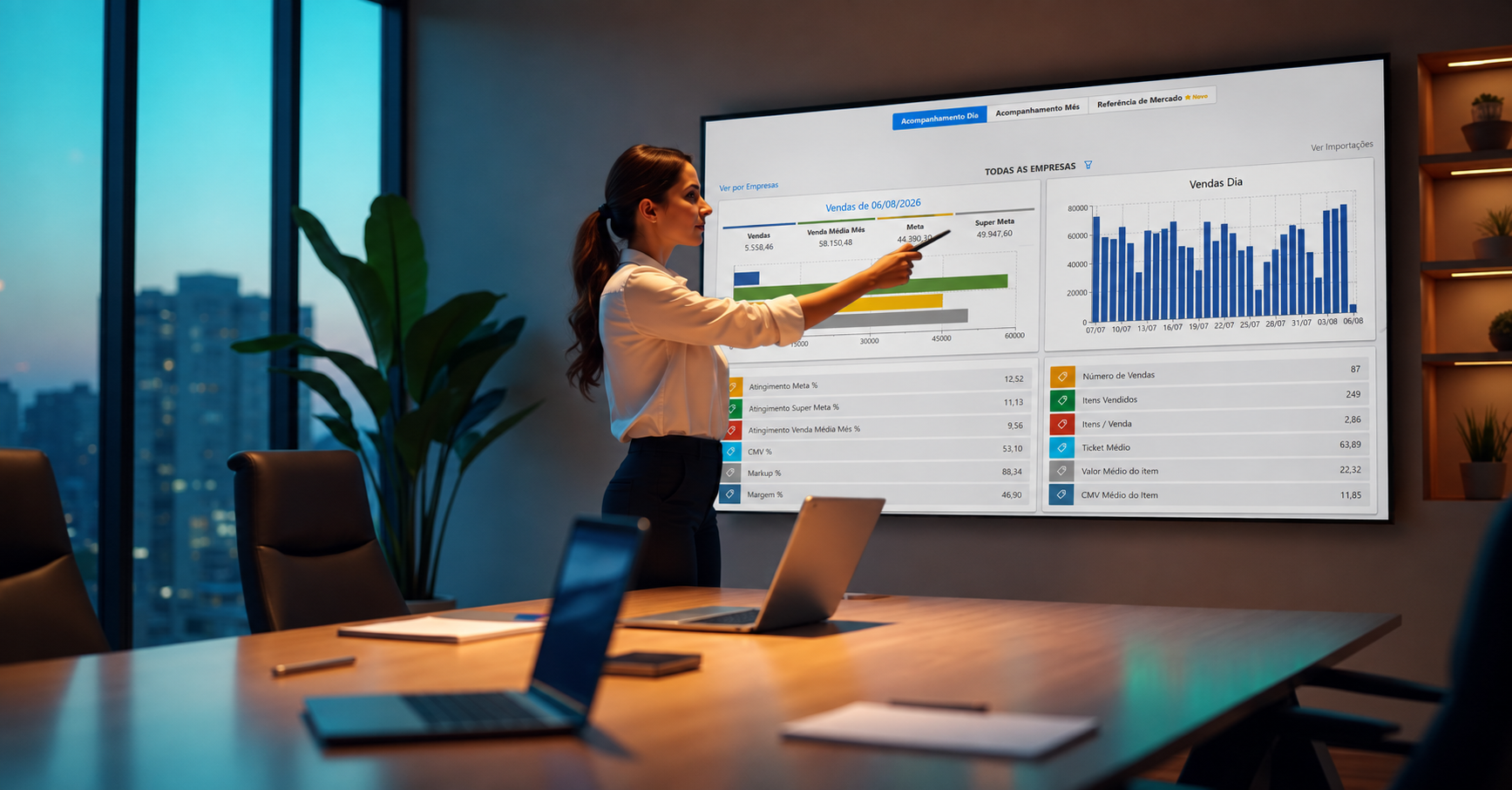 Gestora em pé diante de painel digital com KPIs coloridos em um ambiente de empresa 