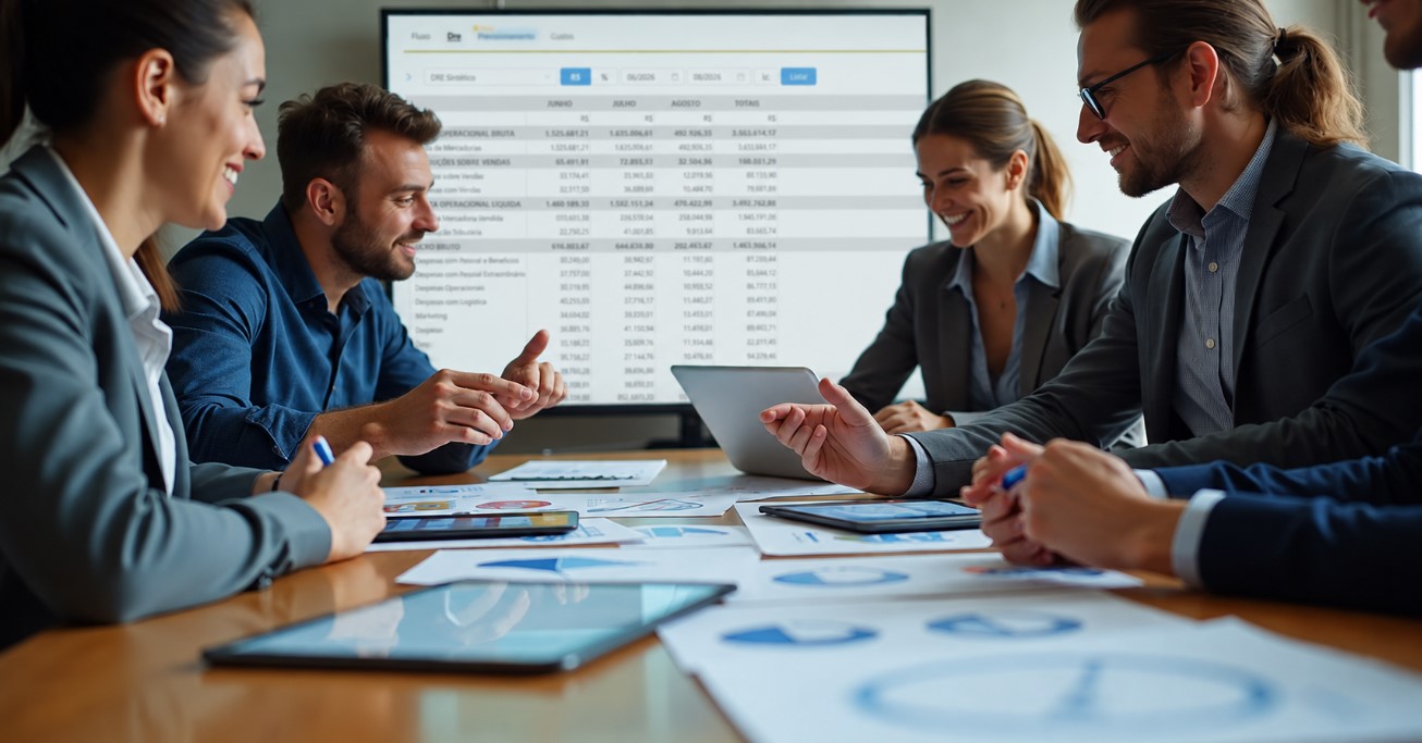 Mesa de empresa varejista com equipe analisando papéis e calculadora ao lado de notebook aberto 