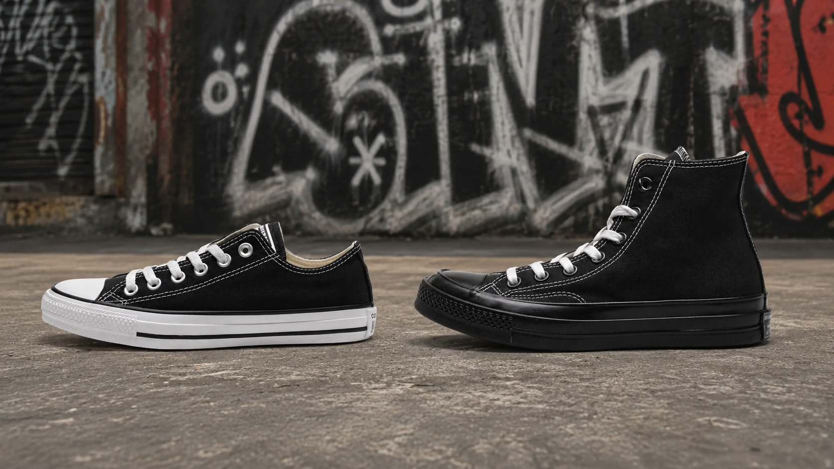 Dois modelos de Converse Chuck lado a lado em fundo dividido para comparação visual 