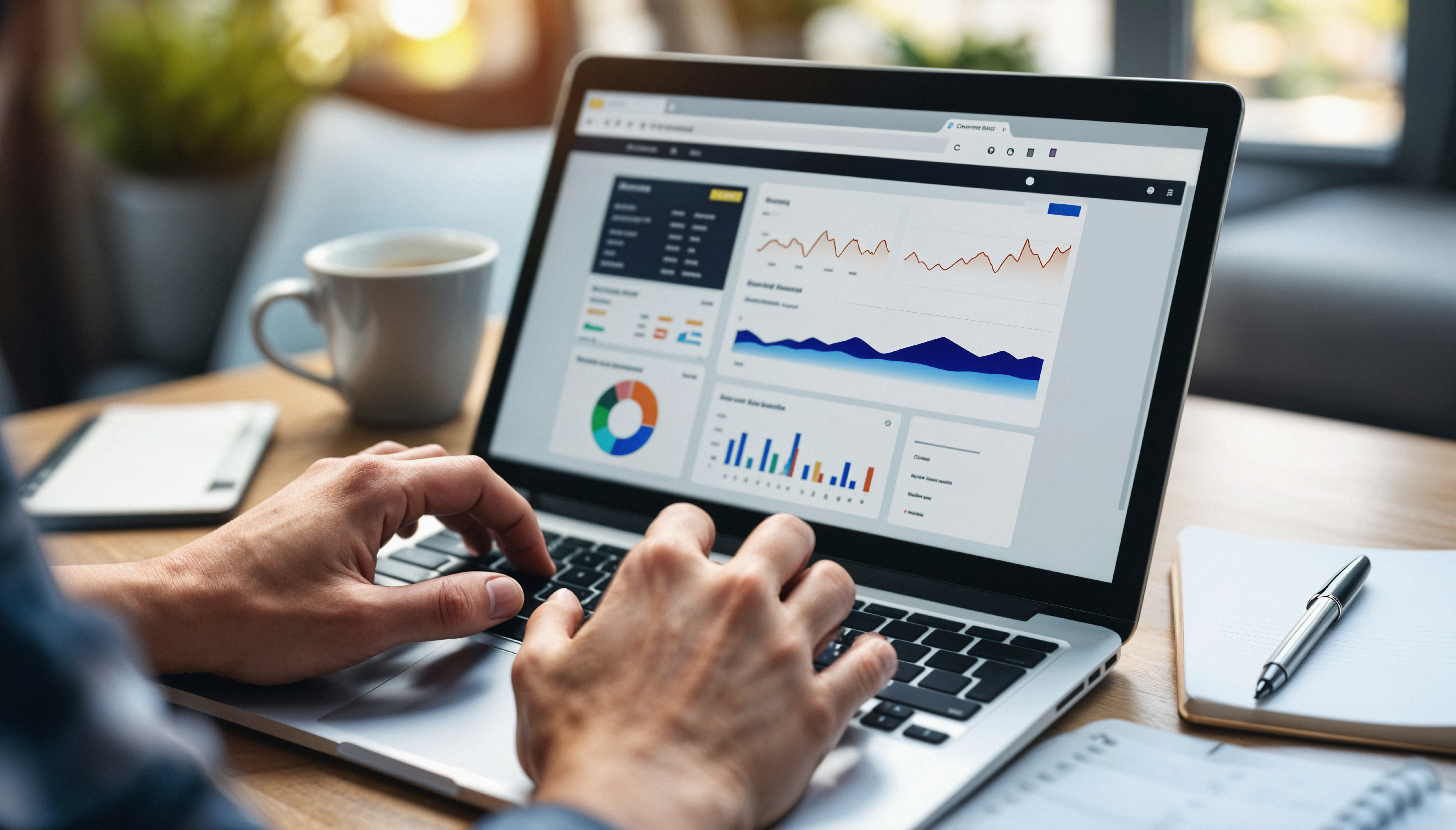Mãos humanas digitam em notebook que mostra dados em gráficos à frente, simbolizando business intelligence