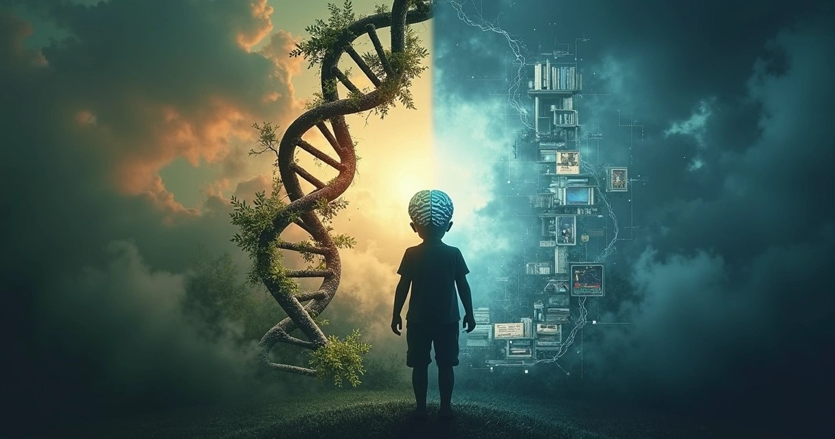 Silhueta humana com DNA conectado a metade cidade e metade floresta 